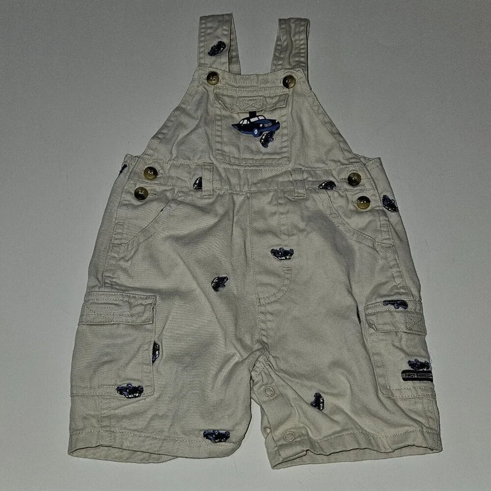First Impressions Shirt Shortalls Outfit Tan Blue Embroidered Cars 6/9 Months